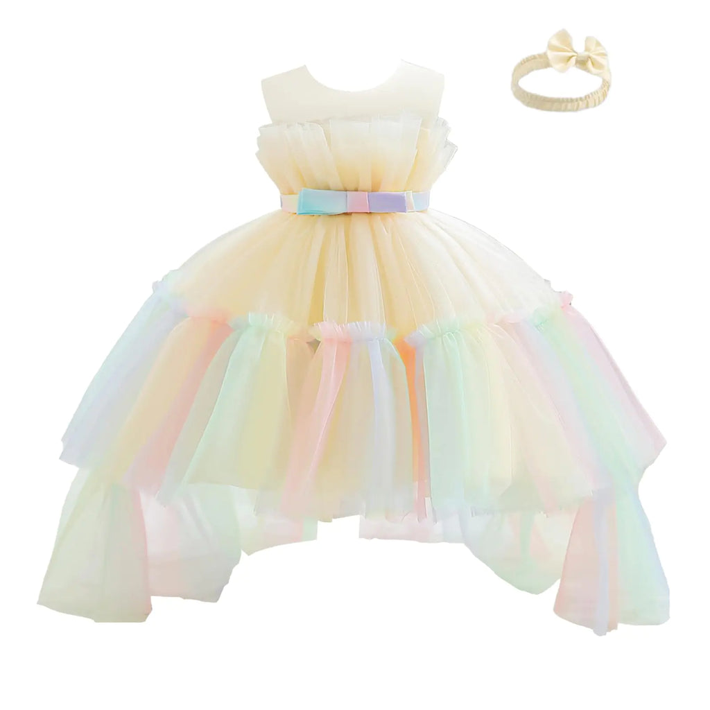Miipat Baby Flower Girl Dress Wedding Party Tulle Princess Pageant Ball Gown Toddler Formal Dresses with Bowknot Headwear(Champagne18-24M)